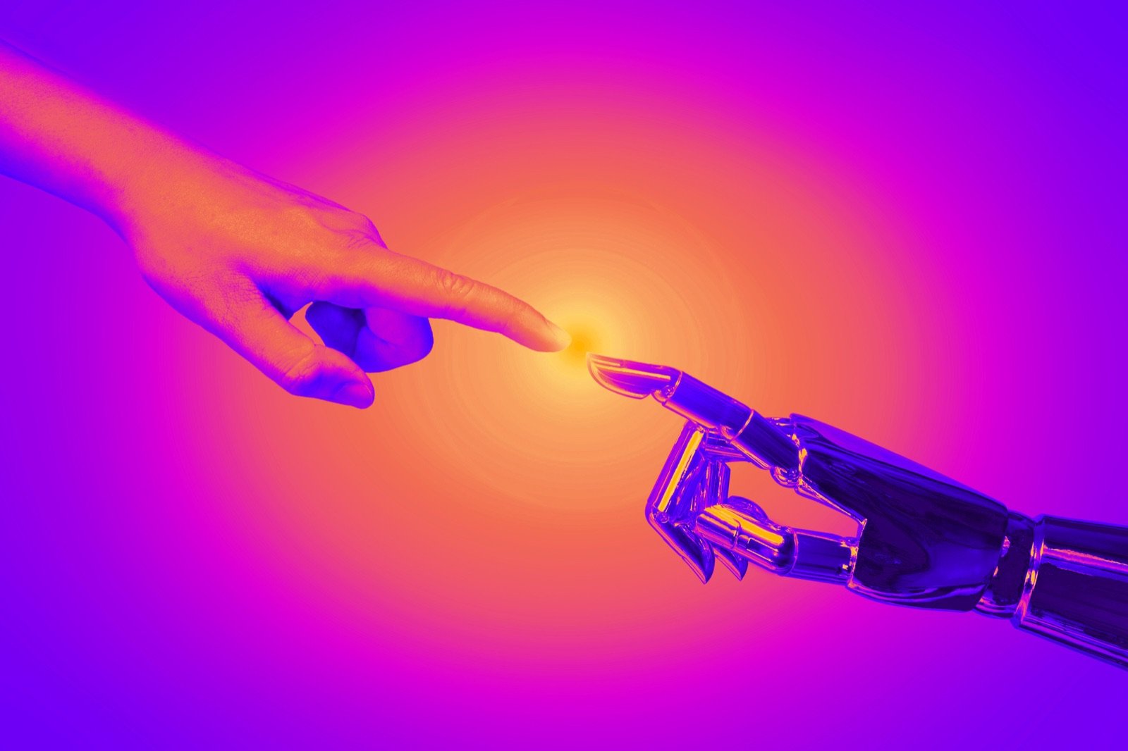 Ilustración generada con IA: una mano humana y una mano robótica a punto de tocarse