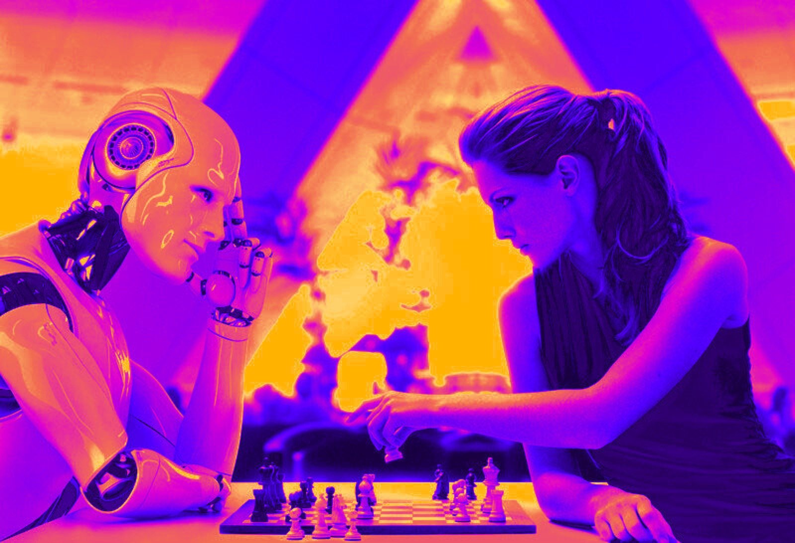 Ilustración generada con IA: una mujer y un robot juegan al ajedrez